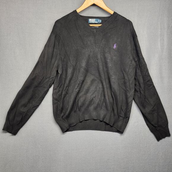 Polo Ralph Lauren Sweater XL Black Pima Cotton V Neck Purple Pony Preppy Casual - Picture 1 of 7